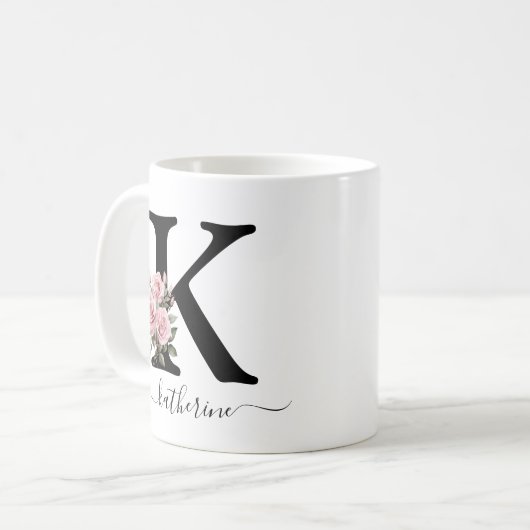 Initiaal K Monogram Bloembloem Roze Rozen Mok (Voorkant links)