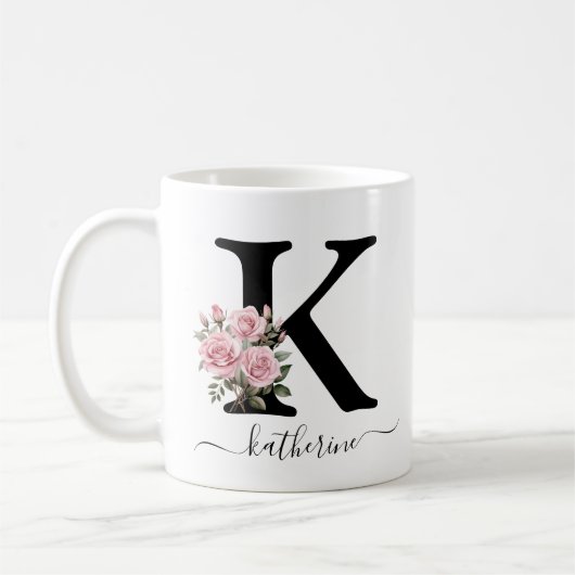 Initiaal K Monogram Bloembloem Roze Rozen Mok (Links)