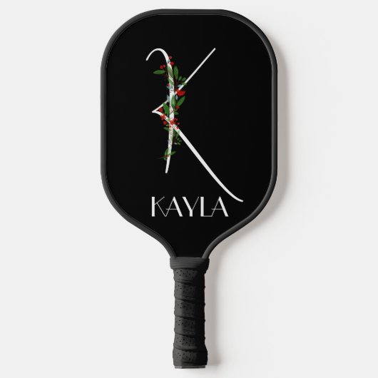 Initiaal K monogram rood bloemenoma zwart Pickleball Paddle (Voorkant)