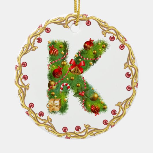 initiaal K monogramme kerstversiering - cirkel Keramisch Ornament (Voorkant)