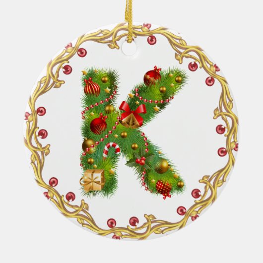 initiaal K monogramme kerstversiering - cirkel Keramisch Ornament (Achterkant)