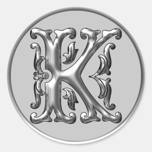 Initiaal K Ronde Sticker in zilver (Voorkant)