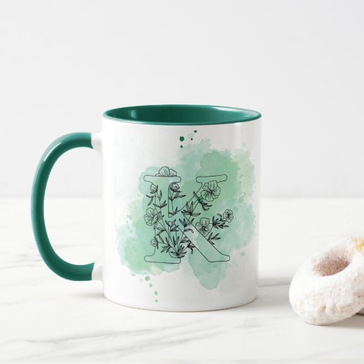 Initiaal K Waterverf Monogram Groen Botanisch Mok (Met donut)