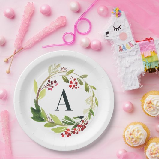 Initiaal kerstmis met rode en groene waterverf  papieren bordje (Feest)