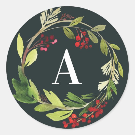 Initiaal kerstmis met rode en groene waterverf ronde sticker (Voorkant)