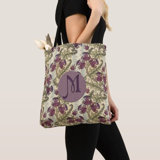 Initiaal Kunst Nieuwe Paarse Thistle Flower Tote Bag (Dichtbij)