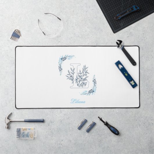 Initiaal "L" Blauw Monogram Kalm Bloemen Bureaumat (Werkstation)