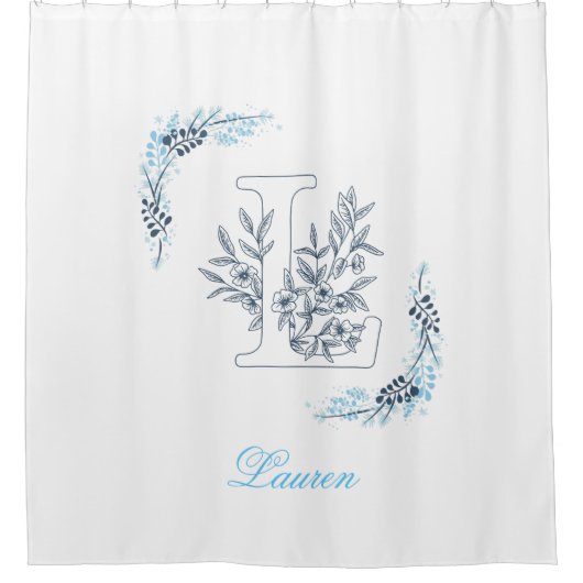Initiaal "L" Blauw Monogram Kalm Bloemen Douchegordijn (Voorkant)