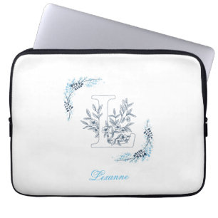 Initiaal "L" Blauw Monogram Kalm Bloemen Laptop Sleeve