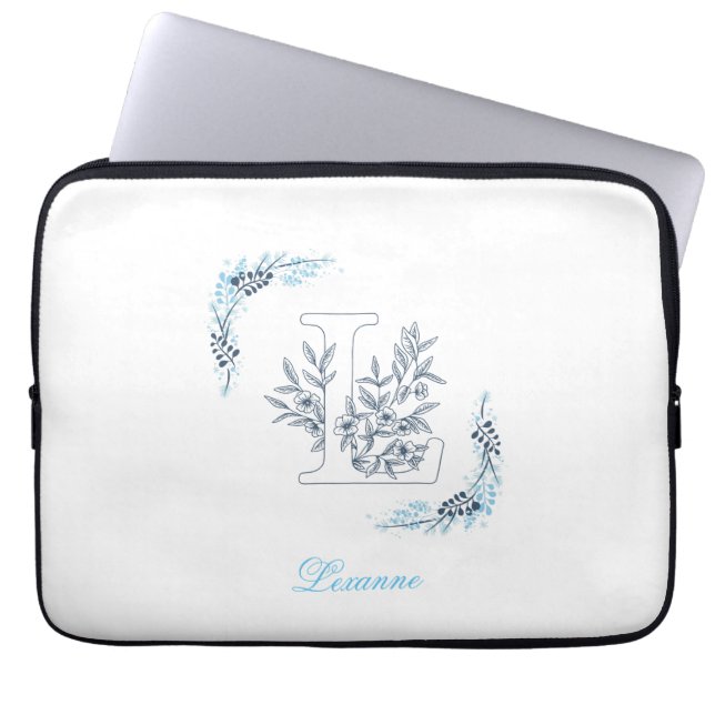 Initiaal "L" Blauw Monogram Kalm Bloemen Laptop Sleeve (Voorkant)