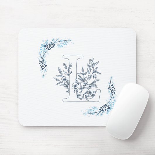 Initiaal "L" Blauw Monogram Kalm Bloemen Muismat (Met muis)