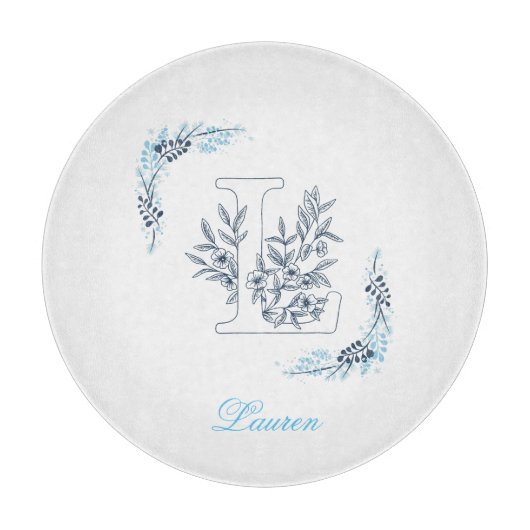 Initiaal "L" Blauw Monogram Kalm Bloemen Snijplank (Voorkant)