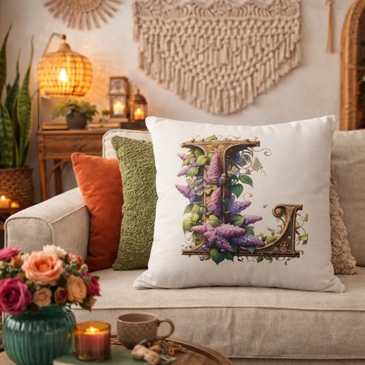 Initiaal "L" – Elegant Lila bloemontwerp Kussen