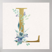 Initiaal L Golden en Blue Floral Monogram Poster (Voorkant)