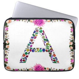 Initiaal Letter A met Edelsteen Bloemmonogram Laptop Sleeve