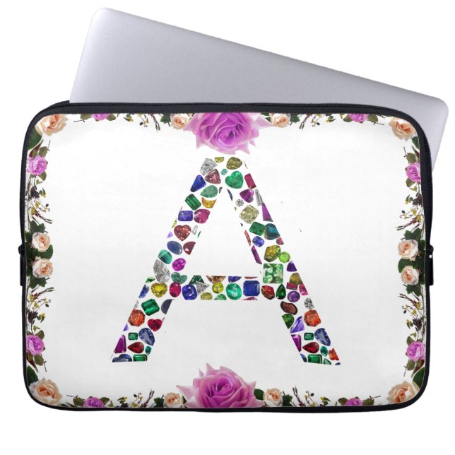 Initiaal Letter A met Edelsteen Bloemmonogram Laptop Sleeve (Voorkant)