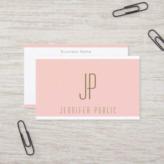 Initiaal Letter Gold Blush Pink Modern Monogram Visitekaartje (Voorkant / Achterkant in situ)