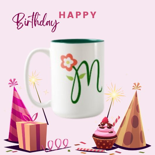 Initiaal letter groen monogram, Oranje bloem Tweekleurige Koffiemok