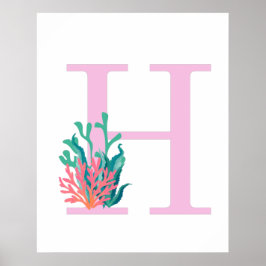 Initiaal Letter H Monogram Roze Blauwgroen koraal  Poster