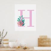 Initiaal Letter H Monogram Roze Blauwgroen koraal  Poster (Keuken)