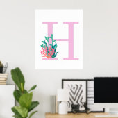 Initiaal Letter H Monogram Roze Turquoise Koraal P Poster (Thuiskantoor)