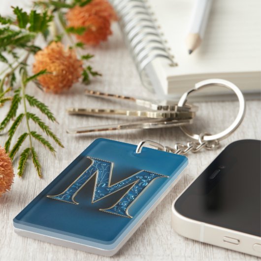 Initiaal letter M blauw Monogram Sleutelhanger (Voorkant Rechts)