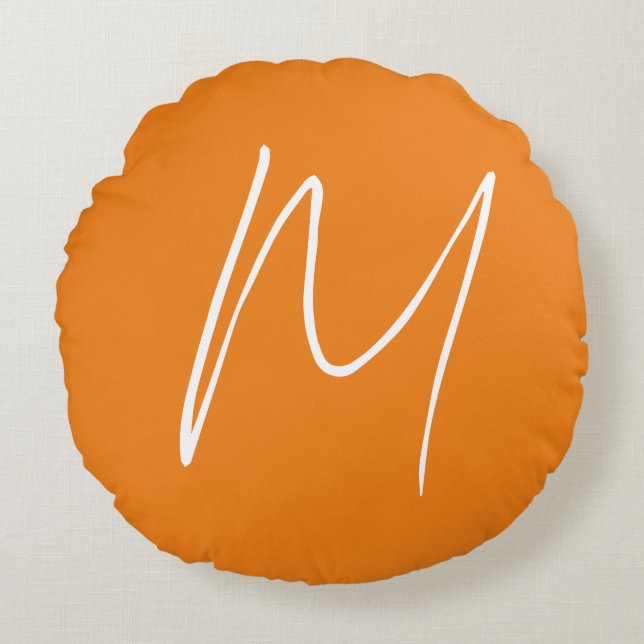 Initiaal Letter Monogram Modern Stijl Oranje Wit Rond Kussen (Voorkant)