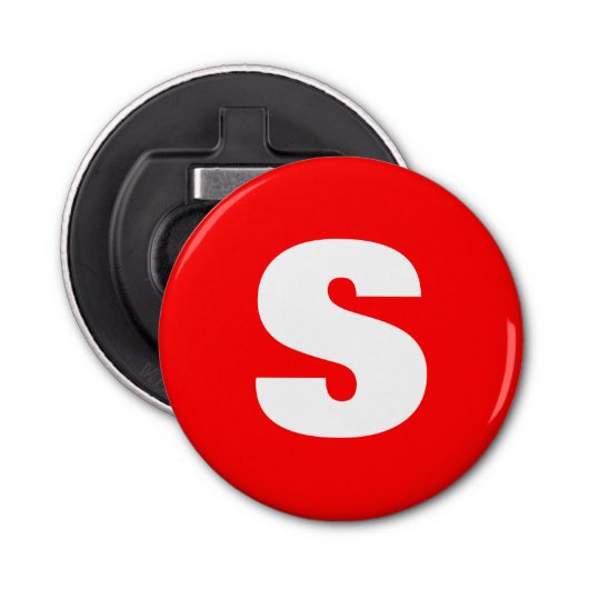 Initiaal Letter Monogram Moderne Stijl Rood Wit Button Flesopener (Voorkant)