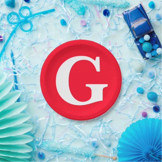 Initiaal Letter Monogram Rood Wit Vlak Eenvoudig Papieren Bordje (Feest)