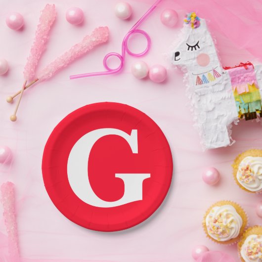 Initiaal Letter Monogram Rood Wit Vlak Eenvoudig Papieren Bordje (Feest)