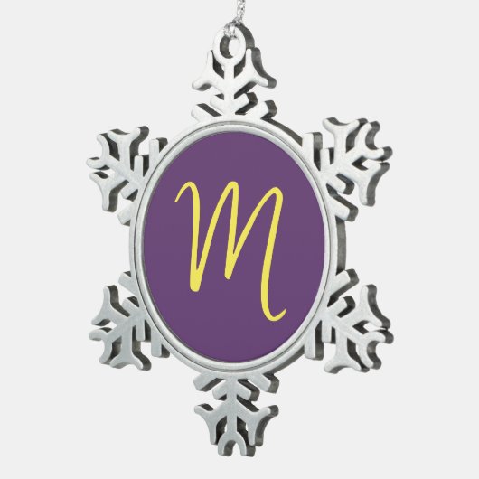 Initiaal Letter Monogram Stijlvol Indigo Geel Tin Sneeuwvlok Ornament (Rechts)