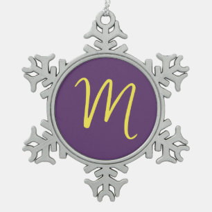 Initiaal Letter Monogram Stijlvol Indigo Geel Tin Sneeuwvlok Ornament