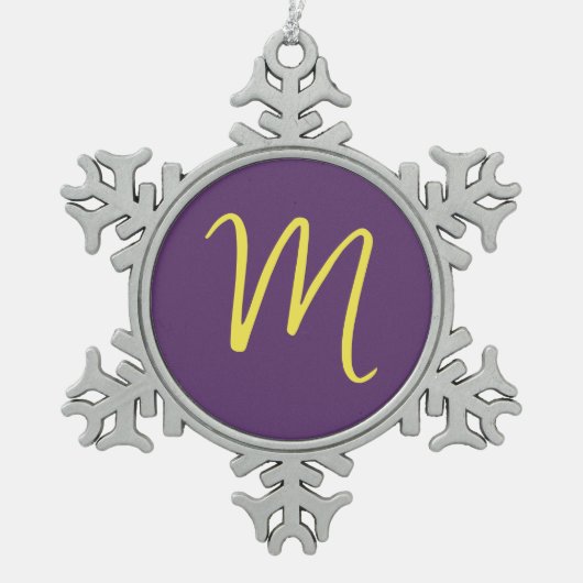 Initiaal Letter Monogram Stijlvol Indigo Geel Tin Sneeuwvlok Ornament (Voorkant)