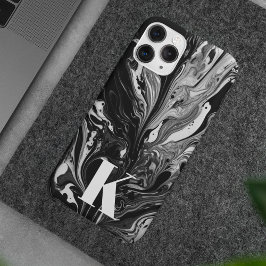 Initiaal Letter Monogram Zwart Wit Inktmarmer iPhone 15 Pro Max Hoesje