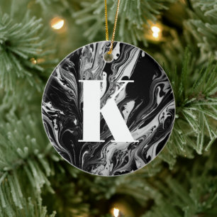 Initiaal Letter Monogram Zwart Wit Inktmarmer Keramisch Ornament