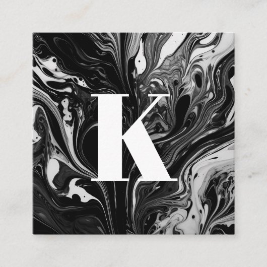 Initiaal Letter Monogram Zwart Wit Inktmarmer Vierkante Visitekaartje (Voorkant)