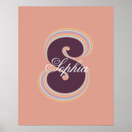 Initiaal Letter Stijlvol Retro Peach Name Monogram Poster