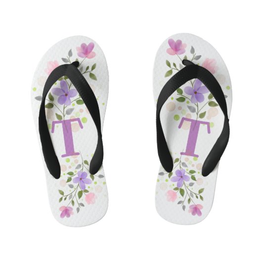 Initiaal Letter T Plus Floral Design Kinder Teenslippers (Voetbed)