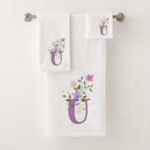 Initiaal Letter U Plus Floral Design Bath Towel Se