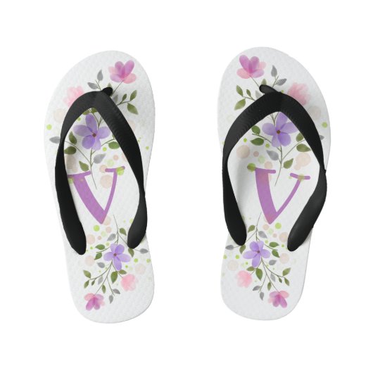 Initiaal Letter V Plus Floral Design Kinder Teenslippers (Voetbed)