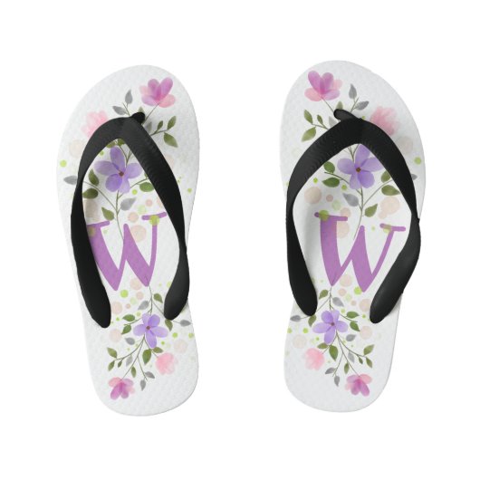 Initiaal Letter W Plus Floral Design Kinder Teenslippers (Voetbed)