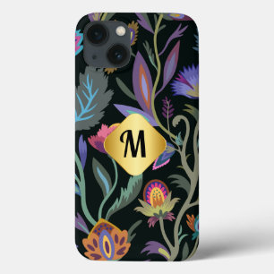 Initiaal luxe zwarte bloemen patroon Golden border Case-Mate iPhone Case