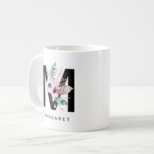 Initiaal "M" Alphabet Mok Monogram Boho Waterverf (Voorkant links)