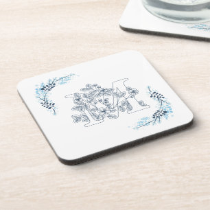 Initiaal "M" Blauw Monogram Kalm Bloemen Bier Onderzetter