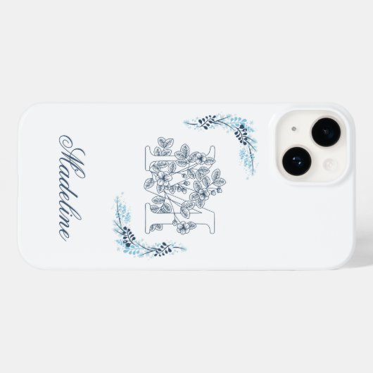 Initiaal "M" Blauw Monogram Kalm Bloemen Case-Mate iPhone Case (Achterkant (horizontaal))
