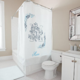 Initiaal "M" Blauw Monogram Kalm Bloemen Douchegordijn