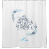 Initiaal "M" Blauw Monogram Kalm Bloemen Douchegordijn (Voorkant)