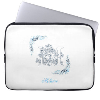 Initiaal "M" Blauw Monogram Kalm Bloemen Laptop Sleeve
