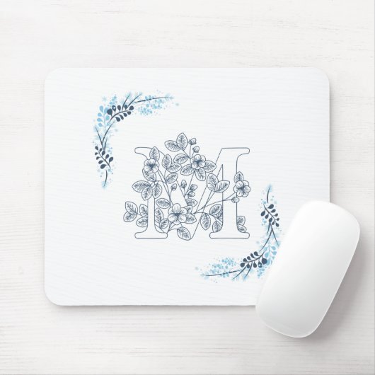 Initiaal "M" Blauw Monogram Kalm Bloemen Muismat (Met muis)