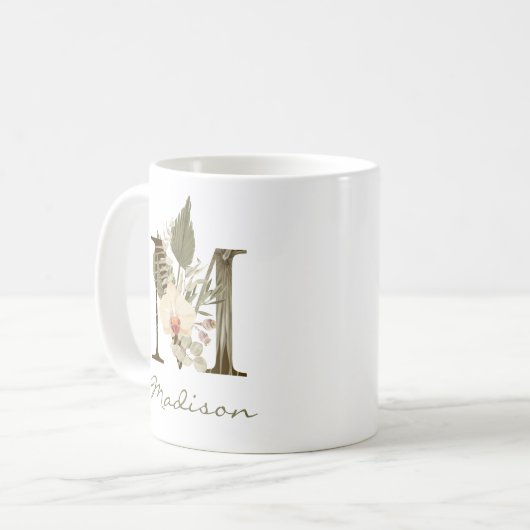 Initiaal M Boho Floral Orchid Greenery Koffiemok (Voorkant links)